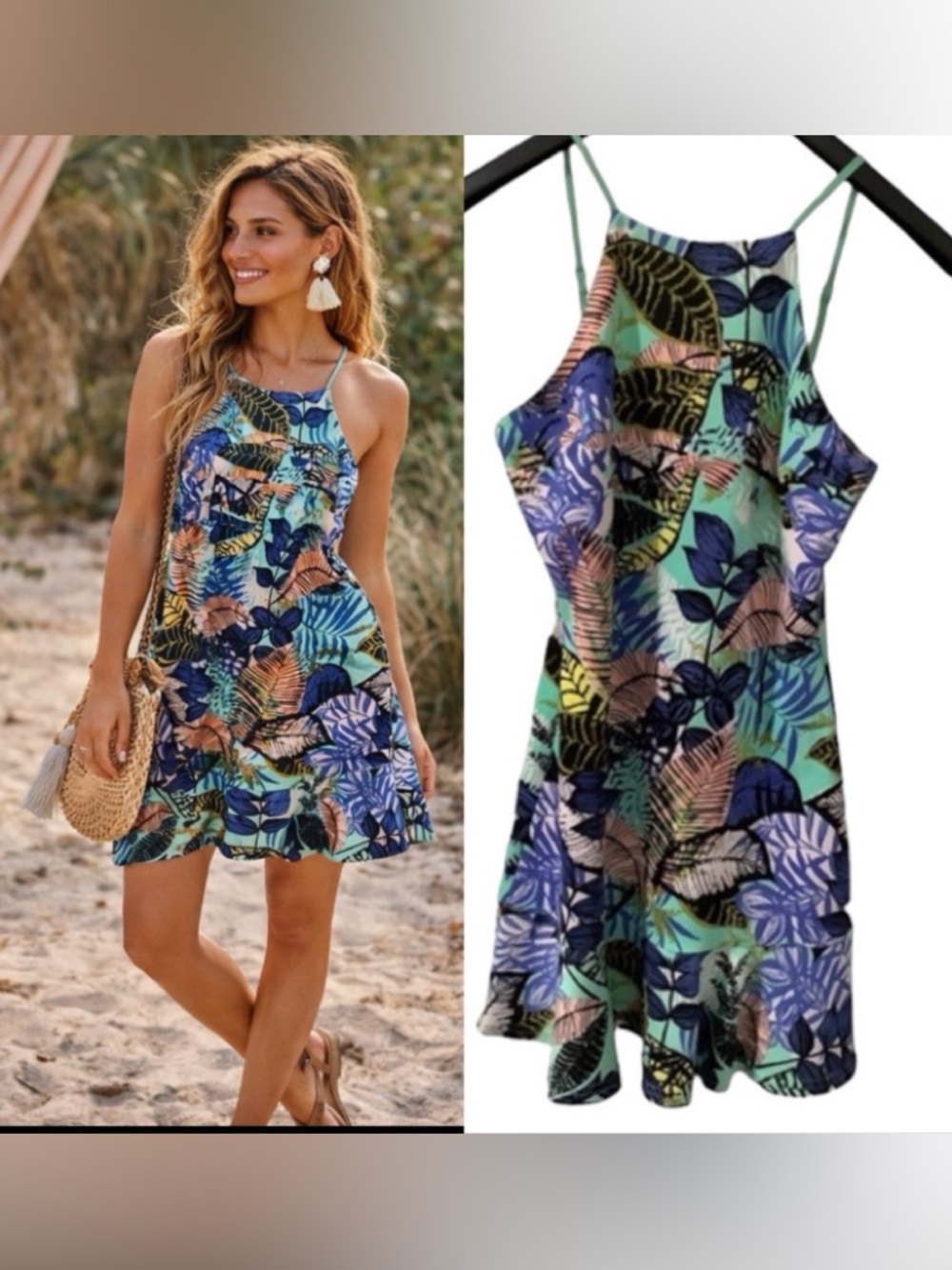 JEALOUS TOMATO HALTER STYLE WITH COLORFUL LEAF PRINT. RUFFLED‎ HEM AREA. MEDIUM